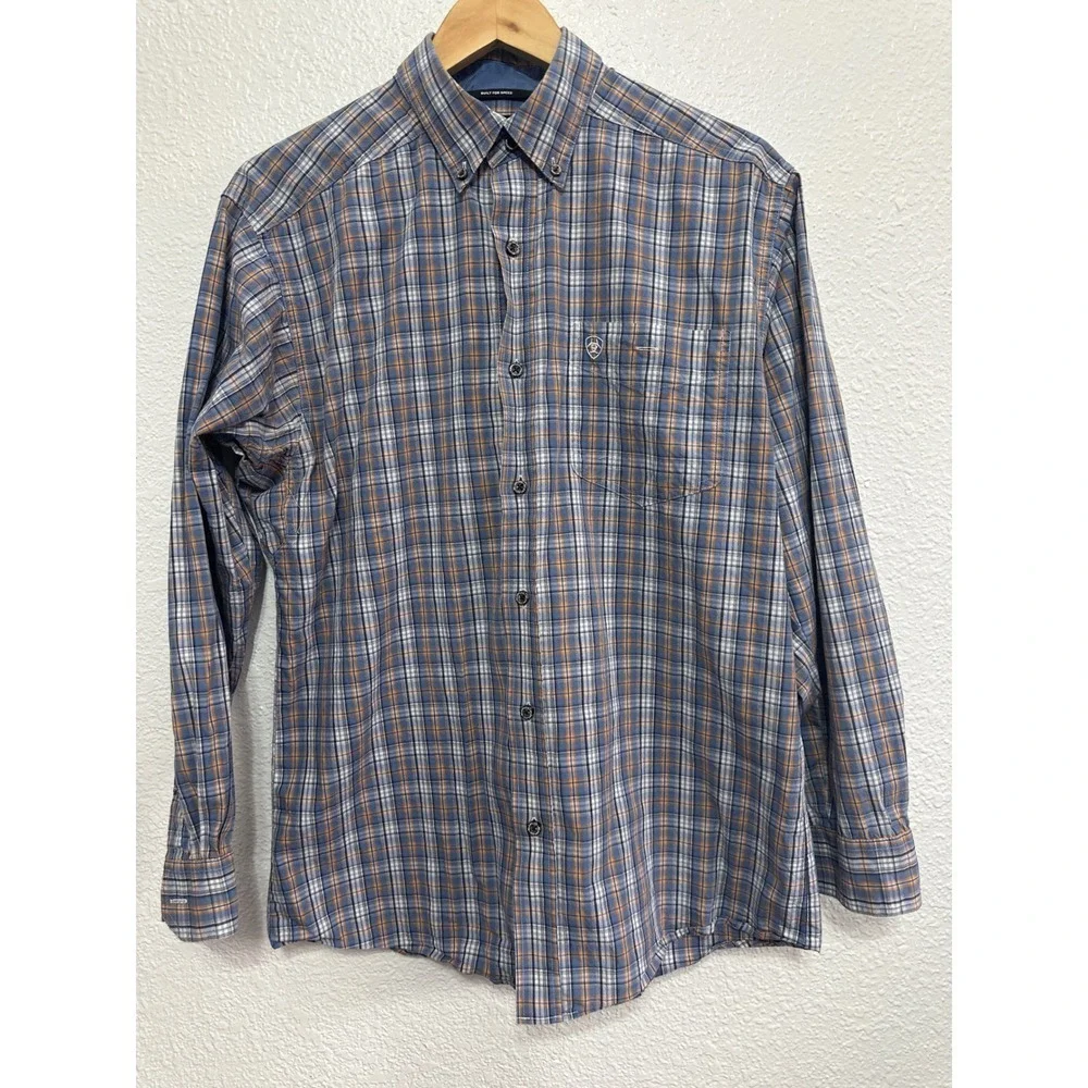 Ariat Relentless Mens Medium Plaid Button Down Shirt Blue Stretch L/S - Picture 1 of 10